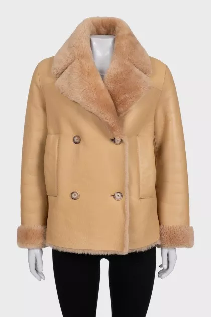 Beige double-breasted sheepskin coat