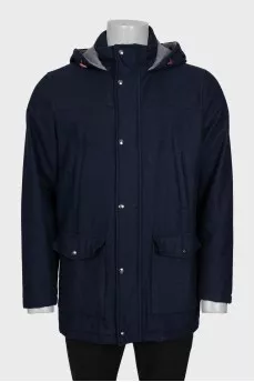 Men's blue wool jacket with a hood