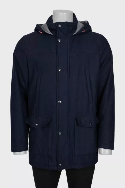 Men's blue wool jacket with a hood