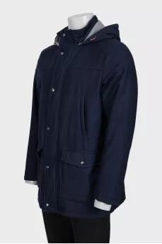 Men's blue wool jacket with a hood