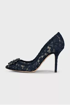 Dark blue lace shoes decorated with crystals