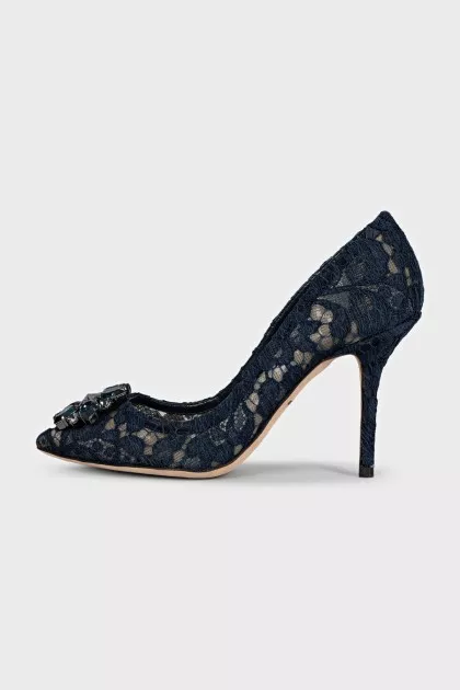 Dark blue lace shoes decorated with crystals