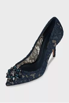 Dark blue lace shoes decorated with crystals