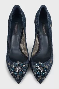 Dark blue lace shoes decorated with crystals