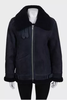 Dark blue suede sheepskin coat