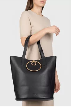 Black leather bucket bag with gold trim