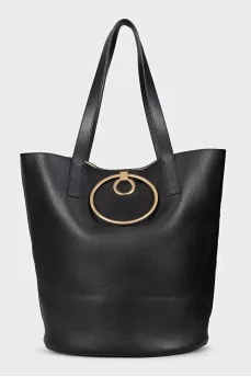Black leather bucket bag with gold trim