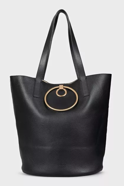 Black leather bucket bag with gold trim