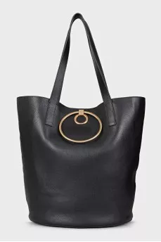 Black leather bucket bag with gold trim