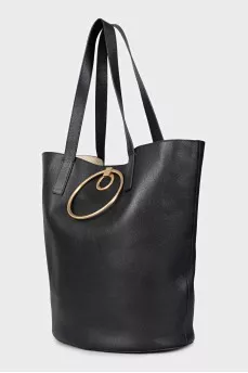 Black leather bucket bag with gold trim