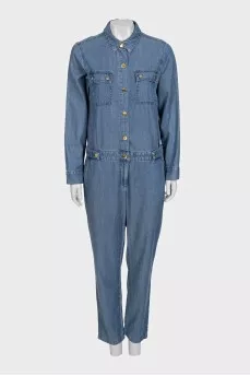 Blue denim straight-leg overalls