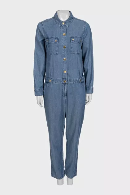 Blue denim straight-leg overalls