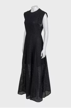 Black maxi dress with perforated detailing and tag