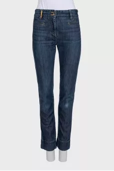 Blue straight-leg jeans with a mid-rise
