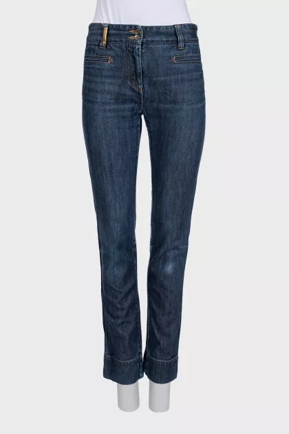 Blue straight-leg jeans with a mid-rise