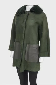 Green sheepskin fur collar coat