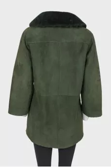 Green sheepskin fur collar coat