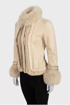 Beige sheepskin coat with fox fur