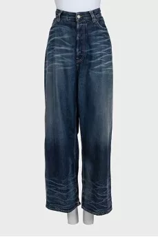 Blue high-waisted wide-leg jeans