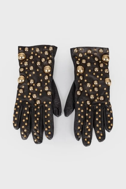 Black leather metallic inserts gloves