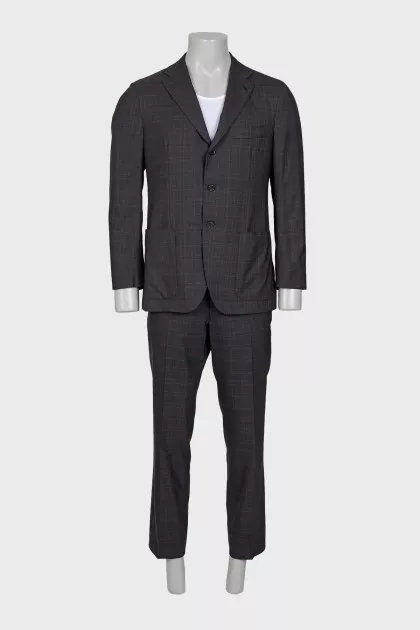 Men's dark gray suit with a checkered print
