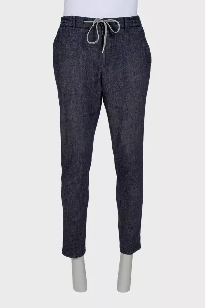Men's blue trousers with elastic waistband and lacing