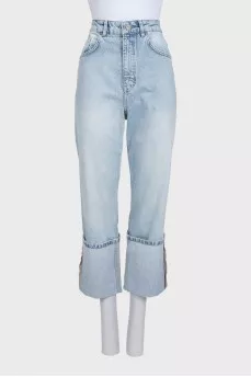 Light blue straight-leg jeans with cuffs