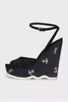 Black suede embroidered wedge sandals