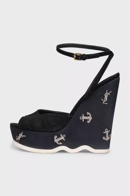 Black suede embroidered wedge sandals