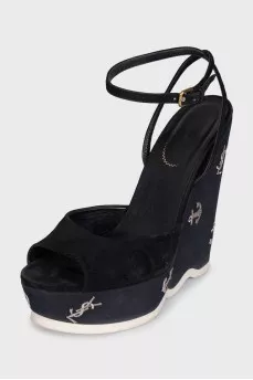 Black suede embroidered wedge sandals