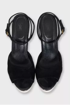 Black suede embroidered wedge sandals