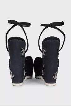 Black suede embroidered wedge sandals