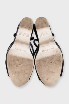 Black suede embroidered wedge sandals