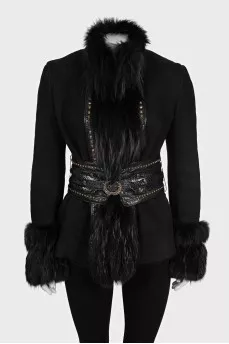 Black sheepskin coat decorated with fur