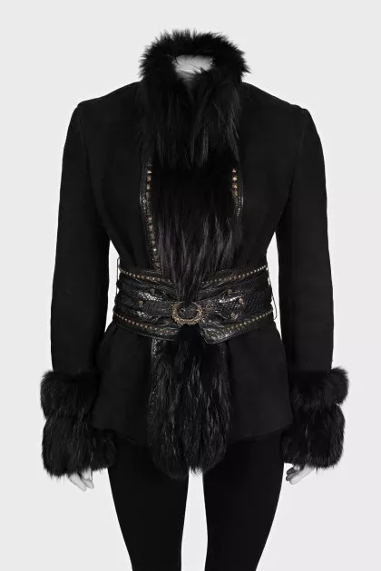 Black sheepskin coat decorated with fur