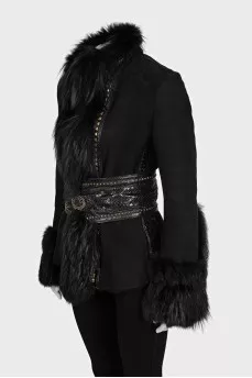 Black sheepskin coat decorated with fur
