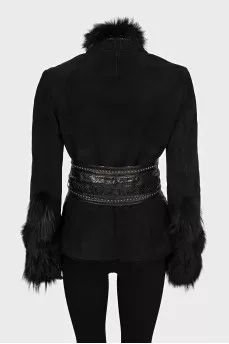 Black sheepskin coat decorated with fur