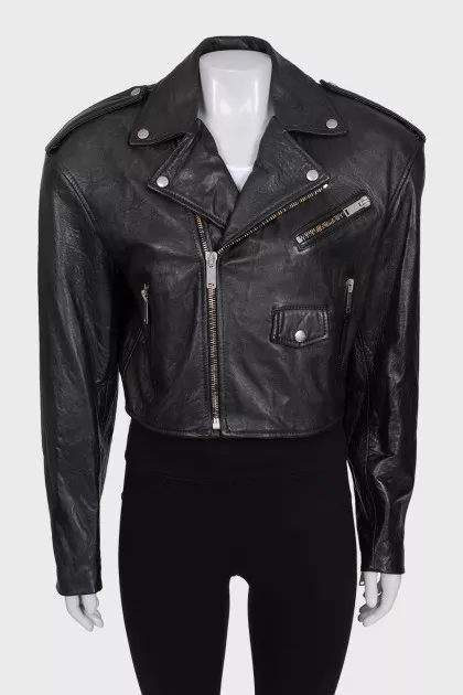Cropped black leather jacket with tag