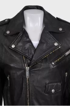 Cropped black leather jacket with tag