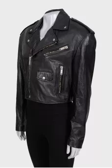 Cropped black leather jacket with tag