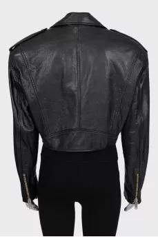 Cropped black leather jacket with tag