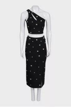 Black skirt suit with one-shoulder top