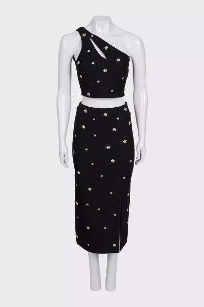 Black skirt suit with one-shoulder top