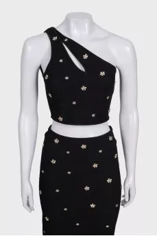 Black skirt suit with one-shoulder top