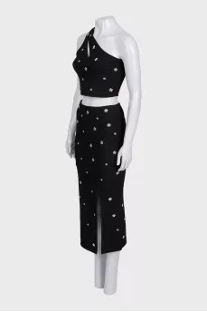 Black skirt suit with one-shoulder top