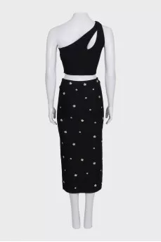 Black skirt suit with one-shoulder top
