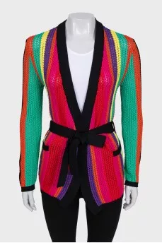 Knitted multicolored cardigan with a belt