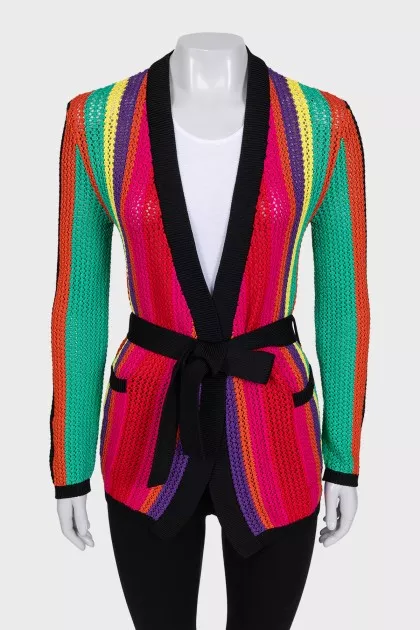 Knitted multicolored cardigan with a belt