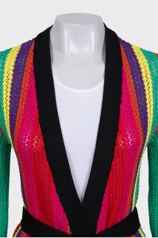 Knitted multicolored cardigan with a belt