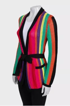 Knitted multicolored cardigan with a belt